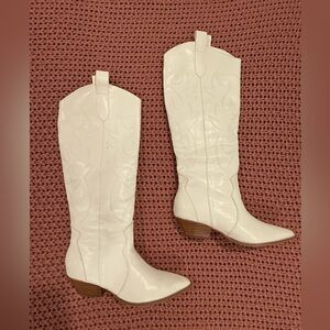 White Knee-High Scroll Embossed Cowboy Boots